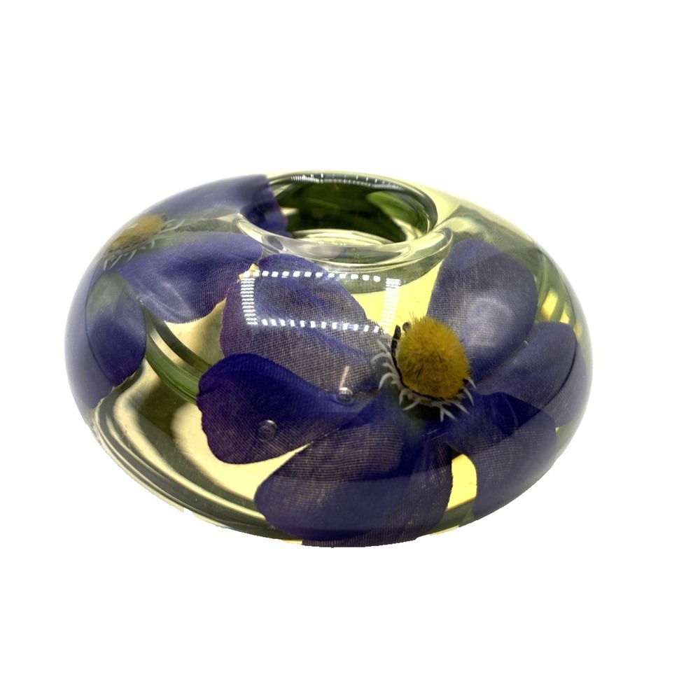 Emilio Robba Blue Cosmo Flower Votive Candle Holder Signed Blown Glass Orchid